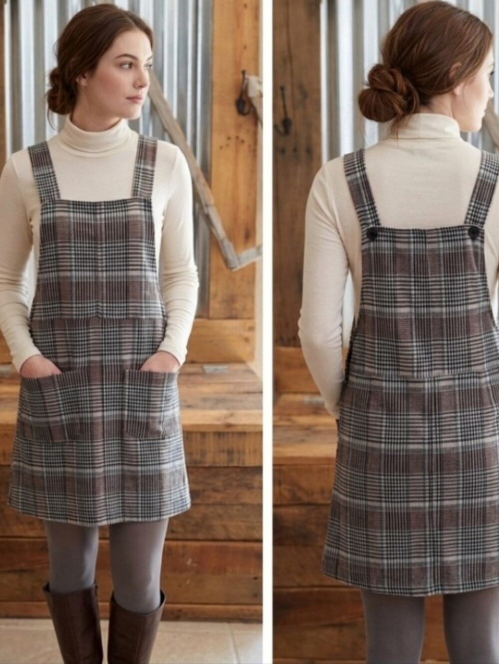 Grey Plaid knit bib jumper ladies S SO
